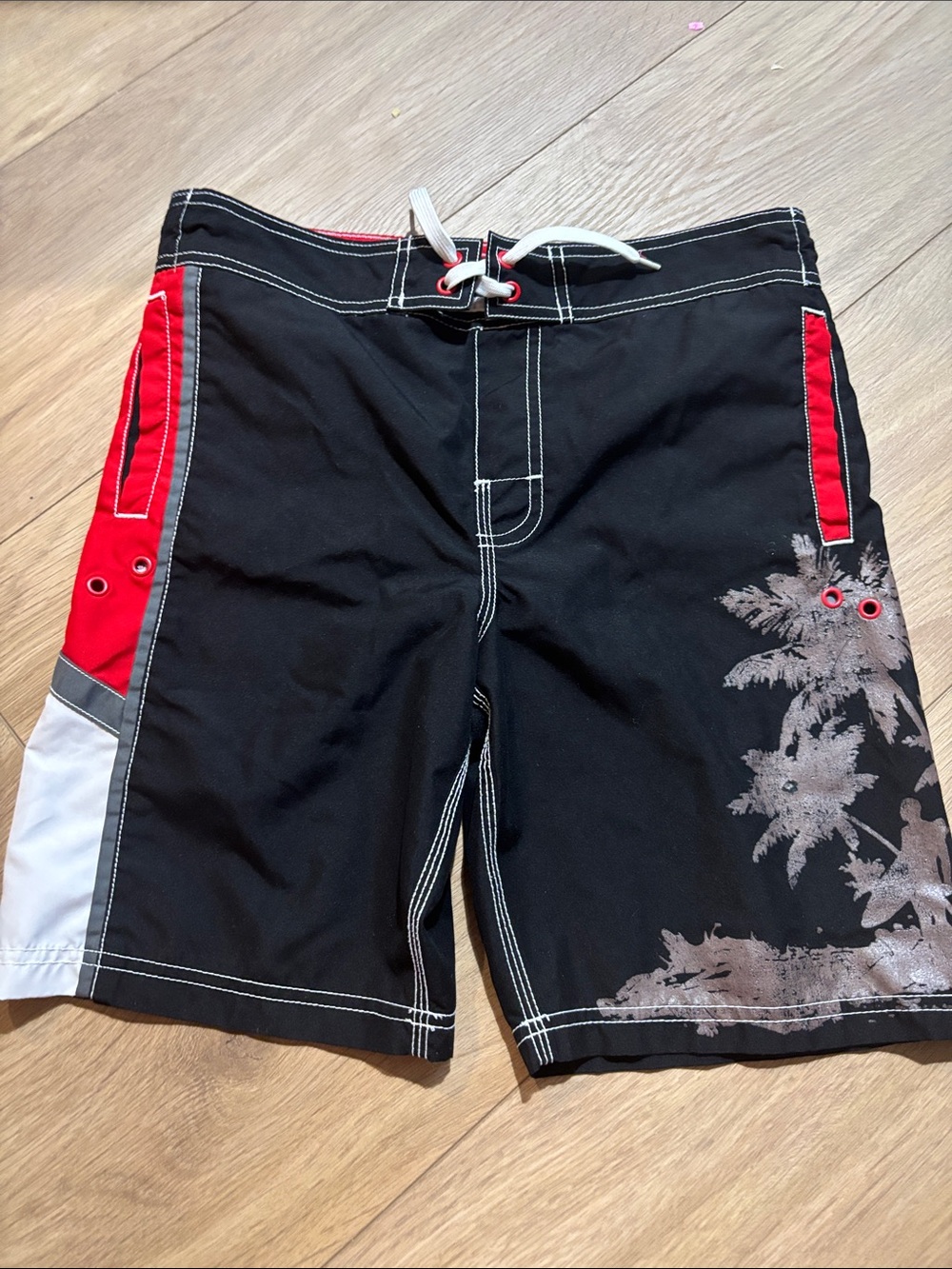 Arizona Jean Company Black Swim Trunks with Red and White Panels